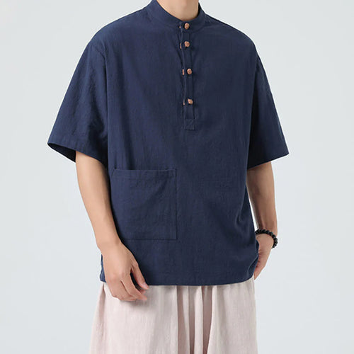 Buddha Stones Casual Half Frog-Button Design Stand Collar Tang Suit Men's Half Sleeve Cotton Shirt With Pocket
