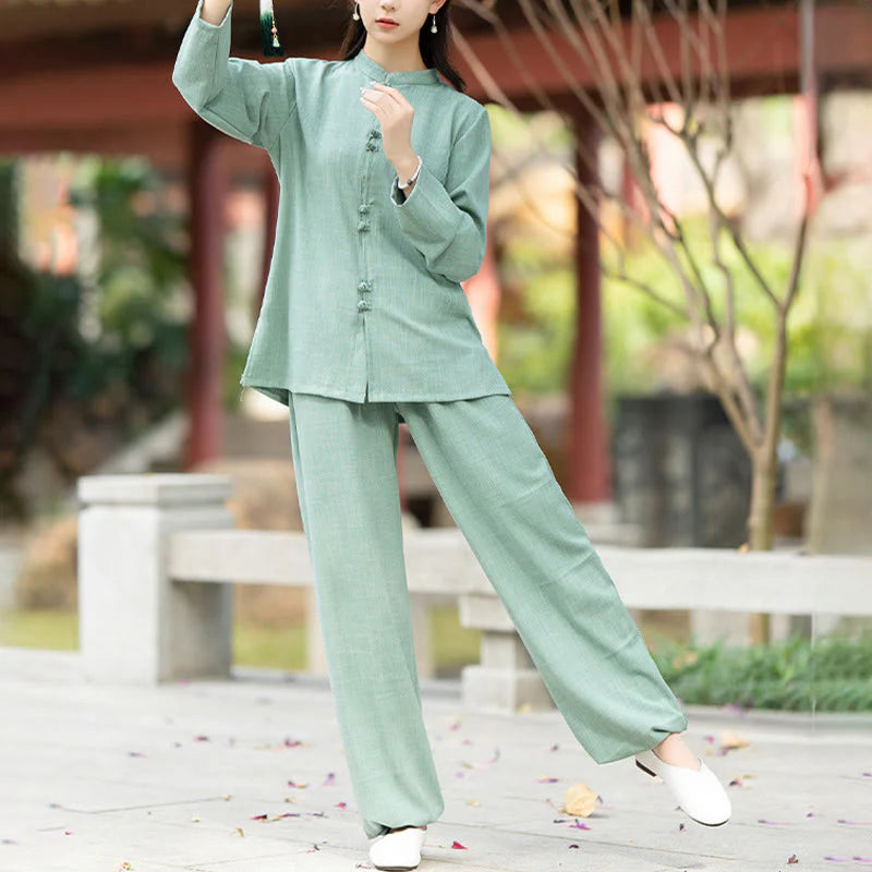 Buddha Stones 2Pcs Chinese Frog-Button Long Sleeve Shirt Top Pants Meditation Zen Tai Chi Cotton Clothing Women's Set