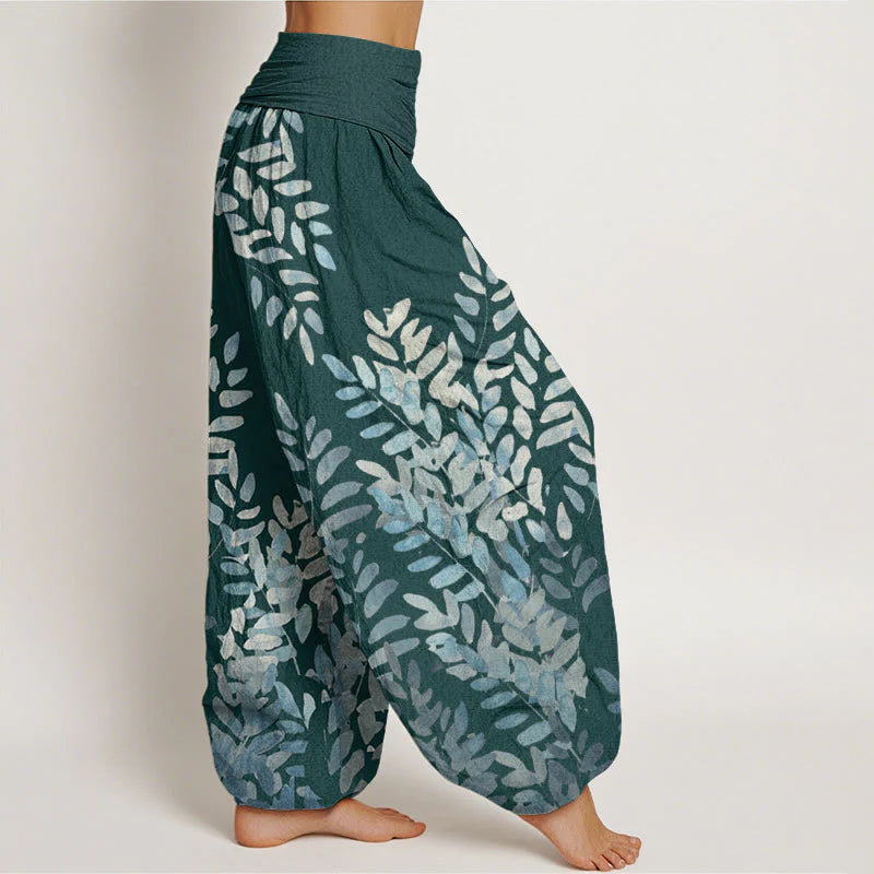 Buddha Stones Cotton Casual Plant Interlaced Leaves Pattern Women's Elastic Waist Harem Pants