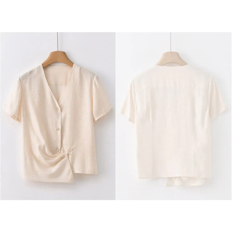 Buddha Stones Button Irregular Design V-Neck Cotton Linen Women's Short Sleeve Shirt