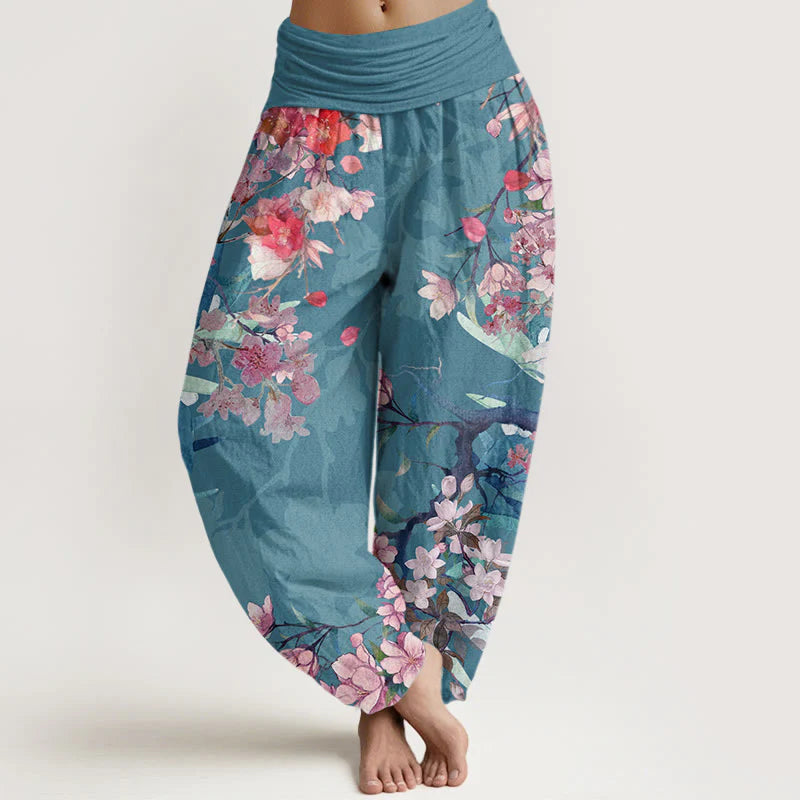 Buddha Stones Cotton Red Pink Blooming Flowers Lush Branches Women's Elastic Waist Harem Pants