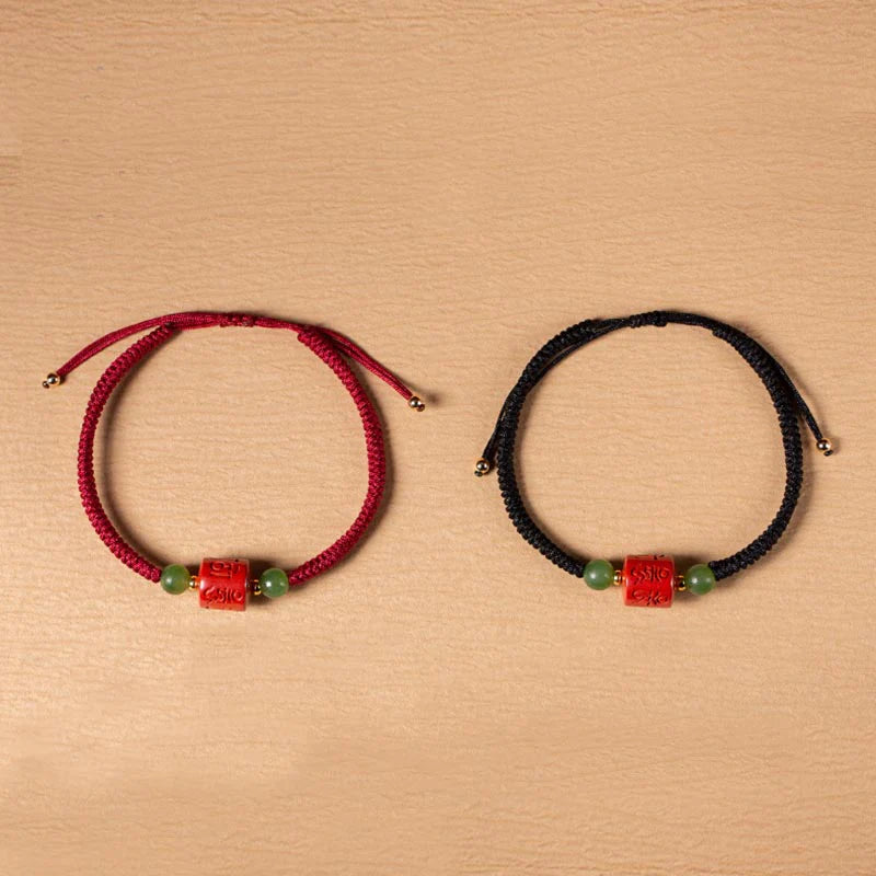 Buddha Stones Tibetan Cinnabar Om Mani Padme Hum Engraved Blessing Braided Rope Bracelet