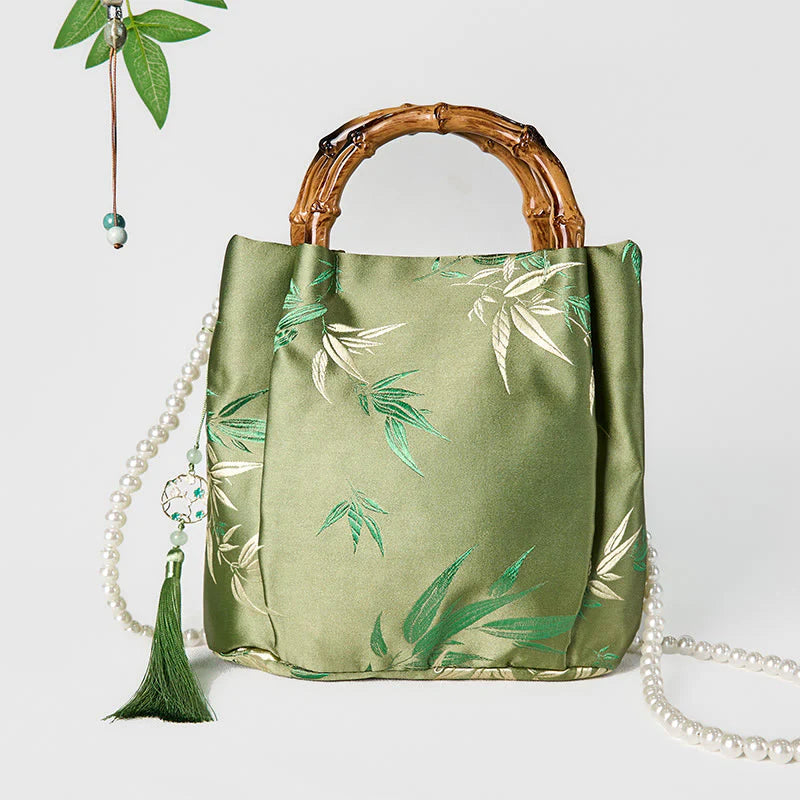 Buddha Stones Embroidery Leaves Bamboo Handle Pearl Crossbody Bag Hangbags