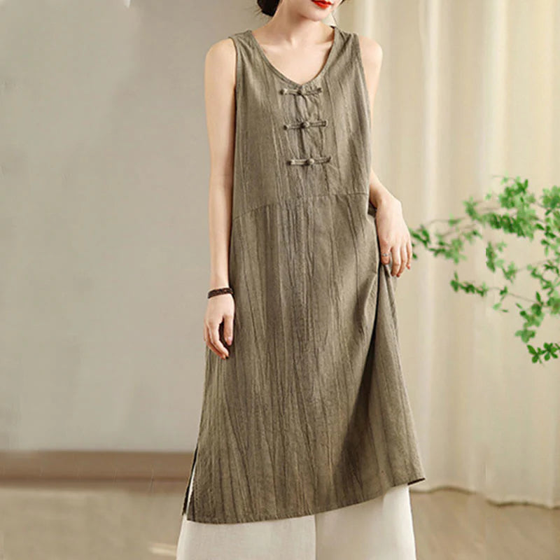 Buddha Stones Tie Dye Chinese Frog-Button RamieÂ Linen Sleeveless Midi Dress With Pockets