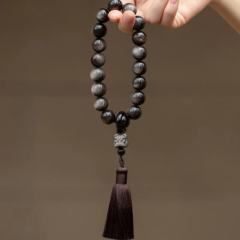 Buddha Stones Natural Silver Sheen Obsidian Black Obsidian Lion Wrist Mala Protection Tassels Pocket Mala Car Decoration
