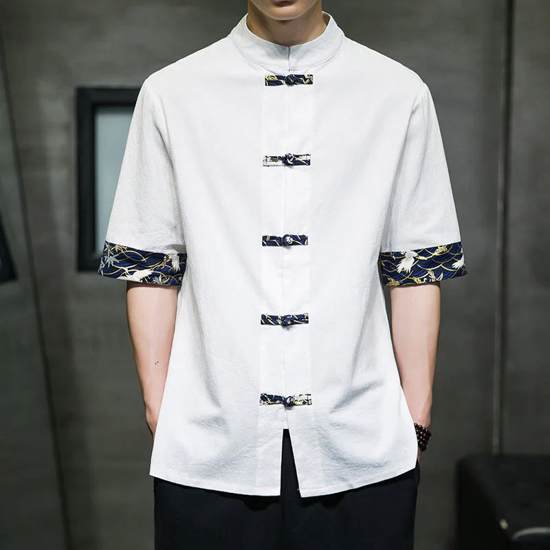 Buddha Stones Solid Color Frog-Button Stand Collar Men's Short Sleeve White Crane Cotton Shirt