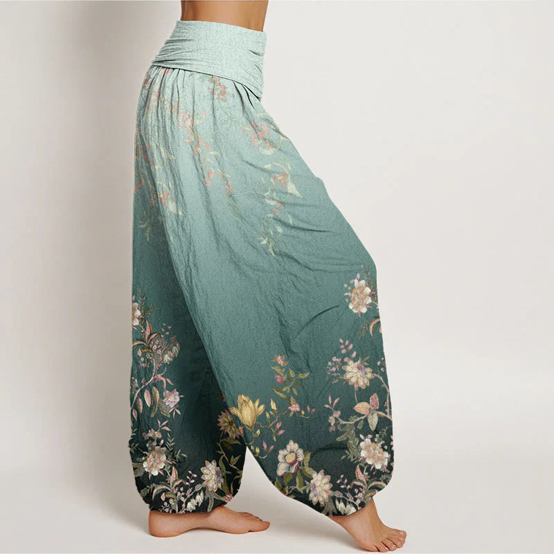 Buddha Stones Cotton Casual Gradient Delicate Floral Leaf Pattern Women's Elastic Waist Harem Pants