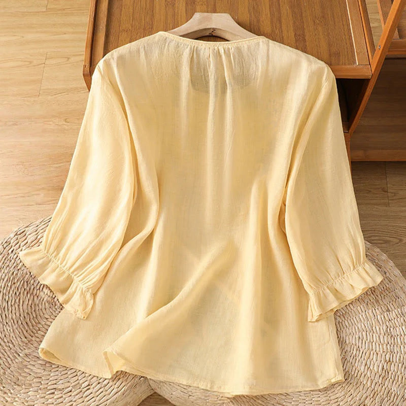 Buddha Stones Flower Vines Embroidery Button Crew Neck Three Quarter Sleeve Women's Cotton Shirt