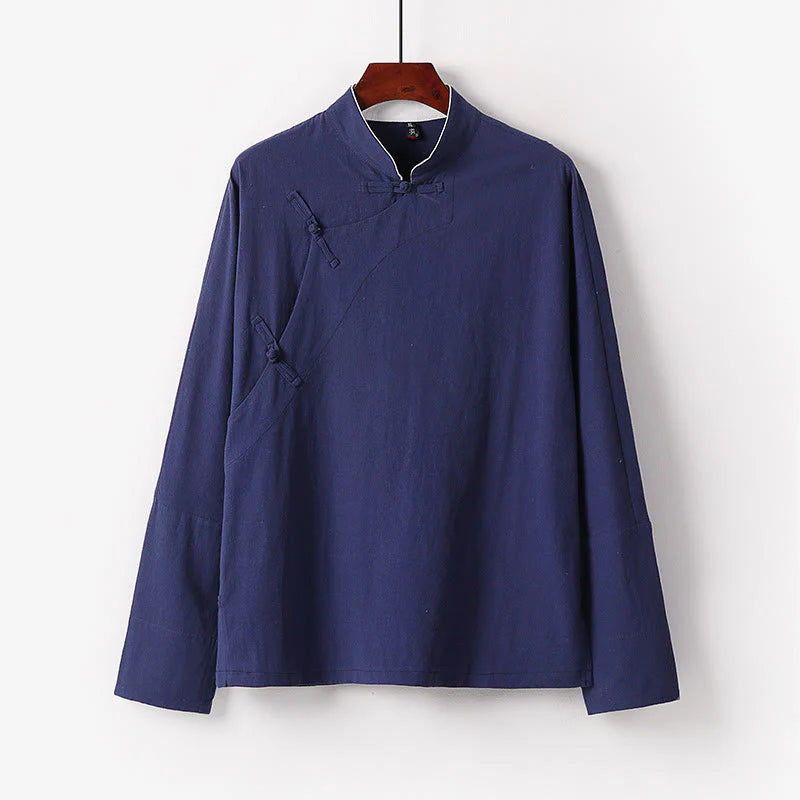 Buddha Stones Vintage Plain Chinese Frog-Button Cotton Long Sleeve Men's Shirt