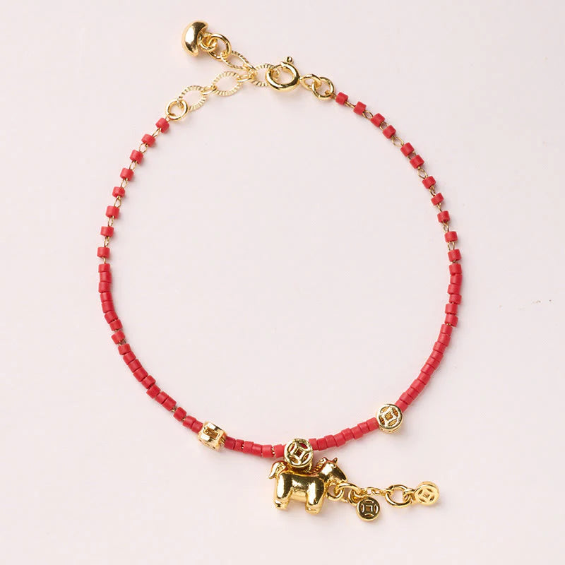 Buddha Stones 925 Sterling Silver Plated Gold Year of the Horse Red Liuli Glass Prosperity Bracelet