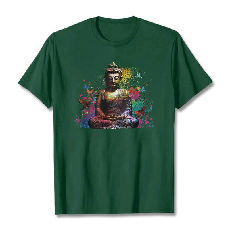 Buddha Stones Colorful Butterfly Flying Meditation Buddha Tee T-shirt