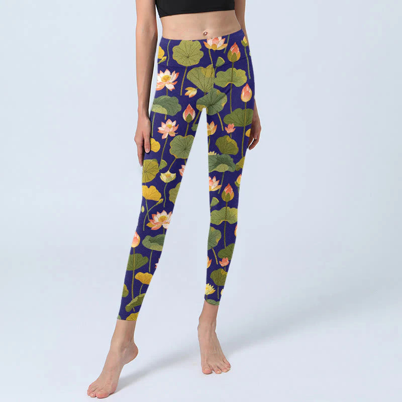 Buddha Stones Blooming Pink White Lotus Flower Lotus Leaves Pattern Print Gym Leggings Women's Yoga Pants