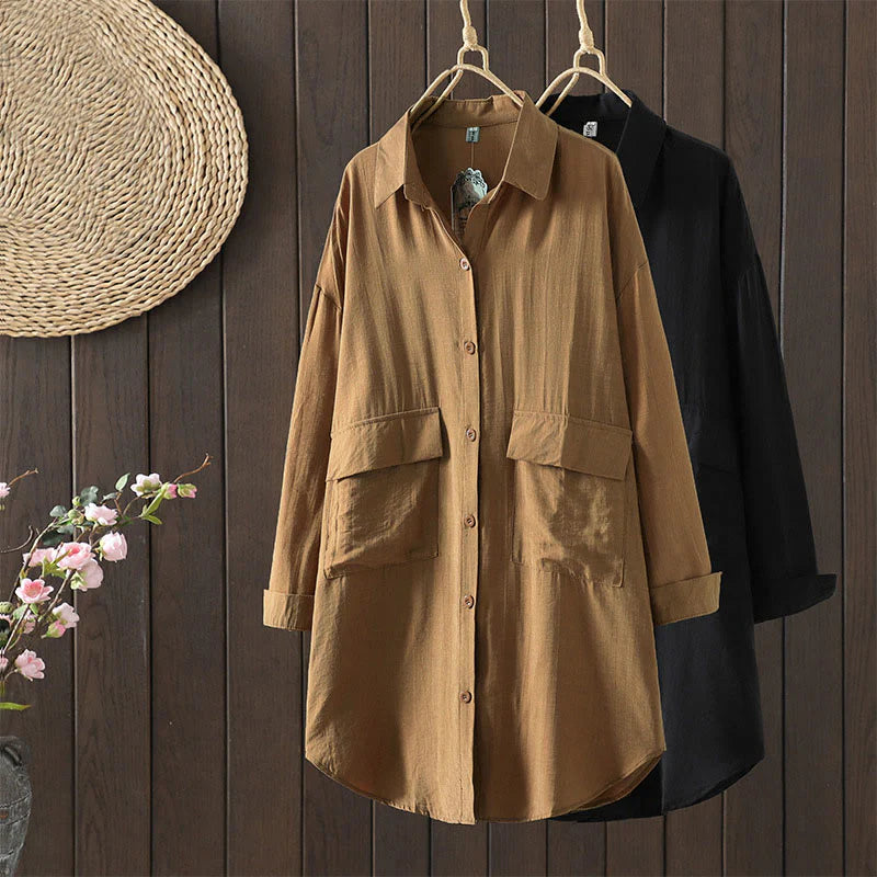 Buddha Stones Plain Buttons Women's Cotton Coat With Pockets