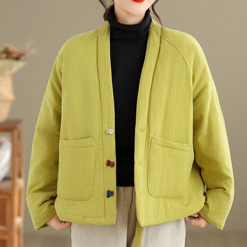 Buddha Stones Winter Long Sleeve Cotton Women's Thermal Jacket With Pockets