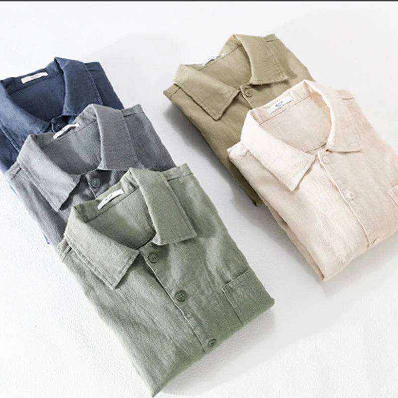 Buddha Stones Commute Fall Solid Color Lapel Men's Long Sleeve Cotton Linen Shirt With Pocket