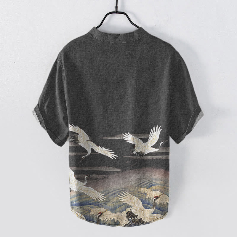 Buddha Stones Cotton Crane Waves Pattern Men's Short Sleeve Half Button Shirt