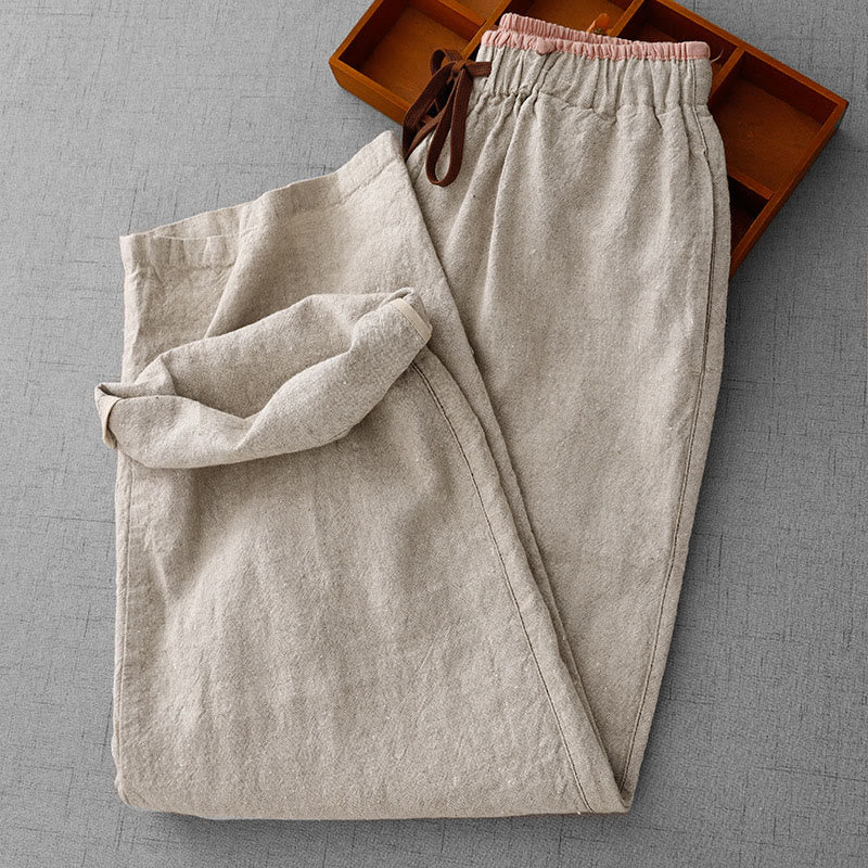Buddha Stones Casual Daily Drawstring Simple Design Women's Cotton Linen Pants With Pockets