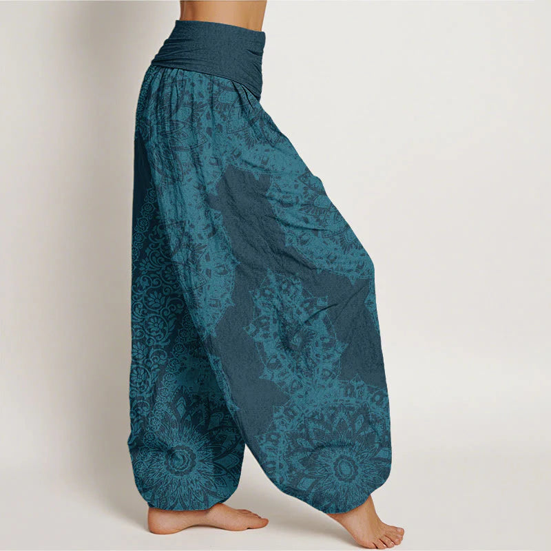 Buddha Stones Cotton Mandala Pattern Parallel Flowers Women's Elastic Waist Harem Pants