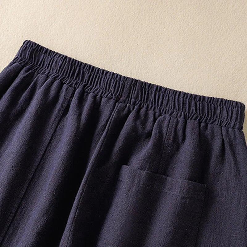 Buddha Stones Plain Simple Design High Waist Women's Cotton Linen Harem Pants With Pockets