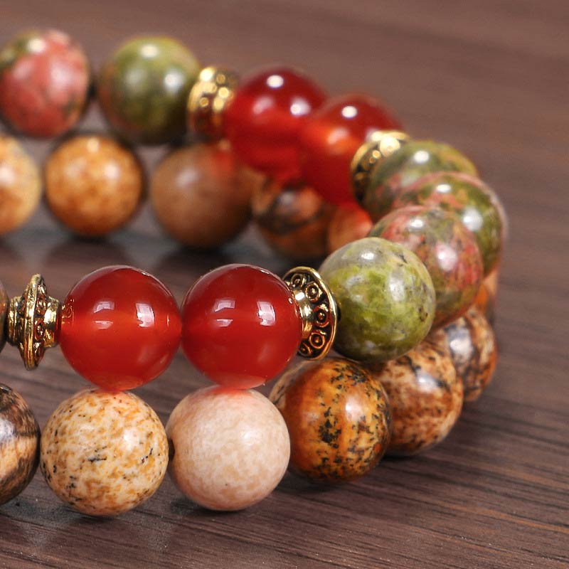 Buddha Stones Tibetan Picture Jasper Positive Lotus Bracelet Set (Extra 35% Off | USE CODE: FS35)