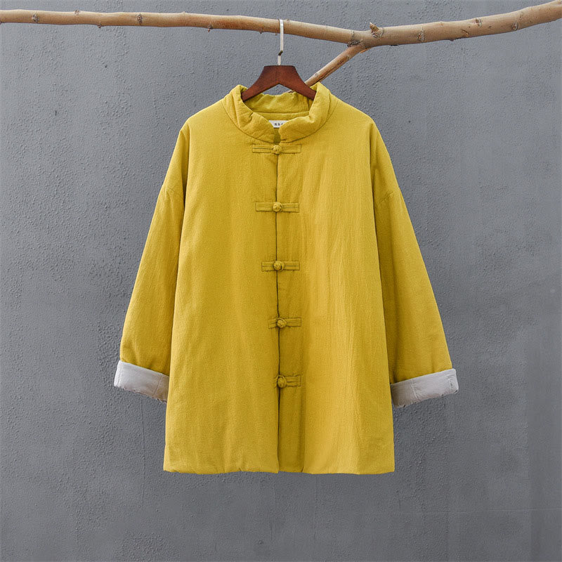 Buddha Stones Winter Solid Frog-Button Long Sleeve Cotton Women's Thermal Jacket With Pockets
