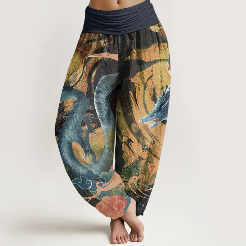Buddha Stones Pure Cotton Dragon Auspicious Clouds Pattern Women's Elastic Waist Harem Pants