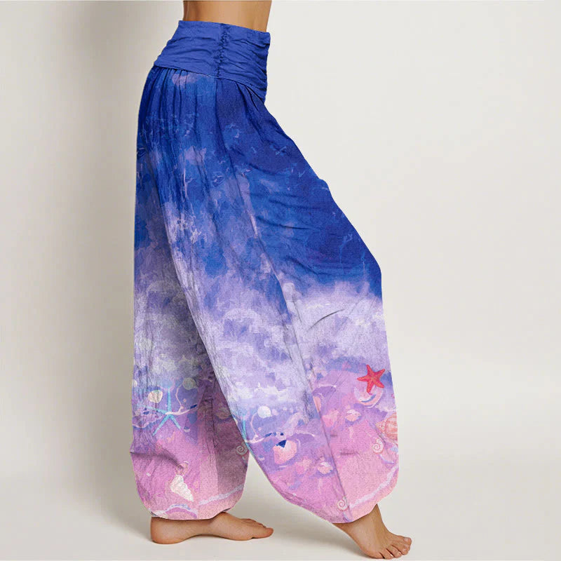 Buddha Stones Cotton Vast Ocean Pattern Women's Elastic Waist Harem Pants