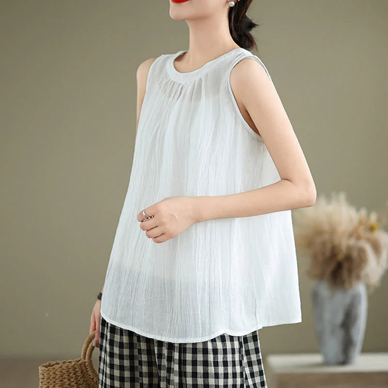Buddha Stones Summer Wrinkles Simple Design Crew Neck Cotton Linen Women's Sleeveless Vest Waistcoat