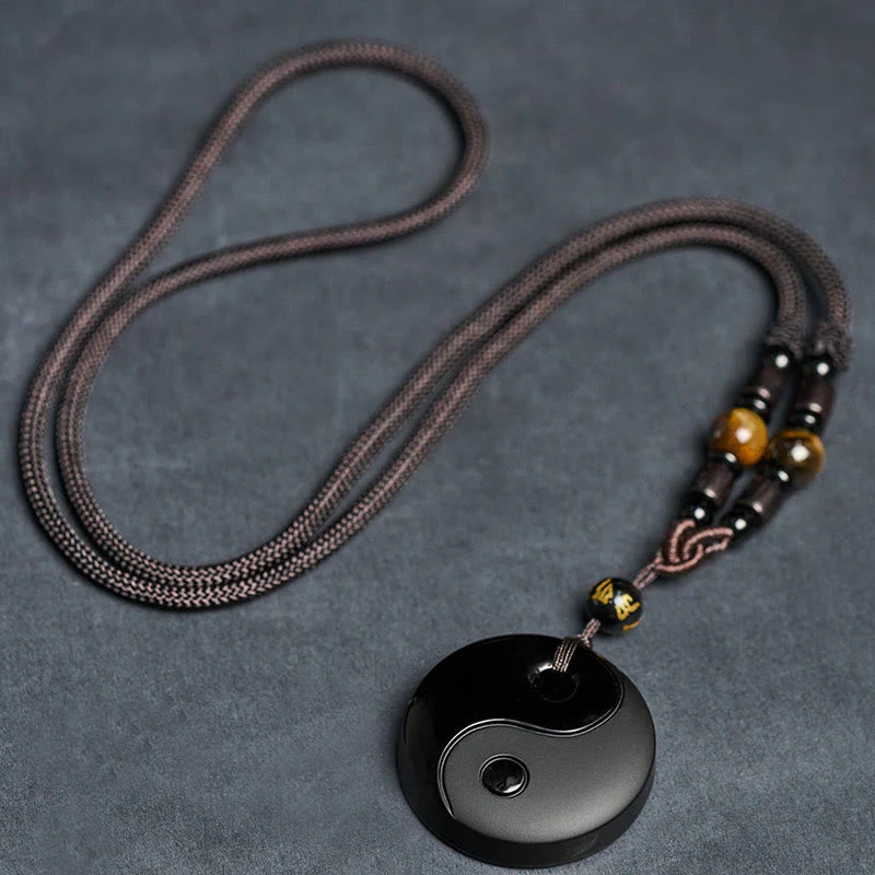 Buddha Stones Yin Yang Symbol Om Mani Padme Hum Black Obsidian Strength Necklace Pendant