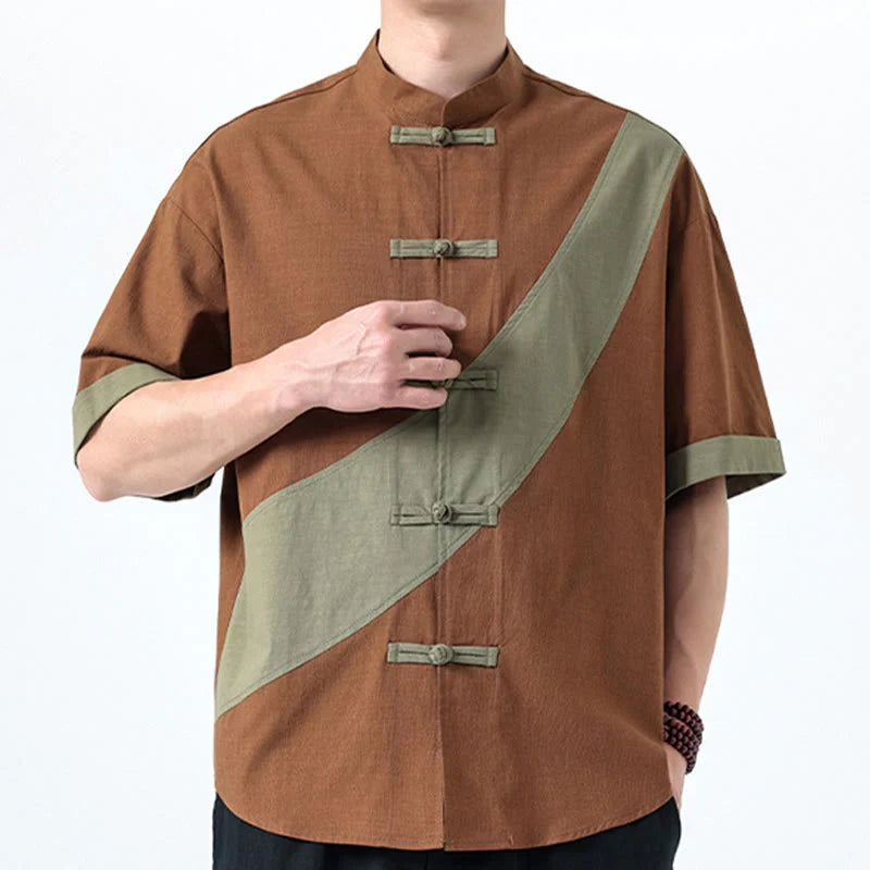 Buddha Stones Spring Color Contrast Chinese Frog-Button Design Men's Half Sleeve Cotton Linen Shirt