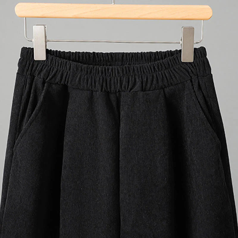 Buddha Stones Plain Elastic Waist Patchwork Plaid Women's Ankle-Length Wide Leg Corduroy Pants