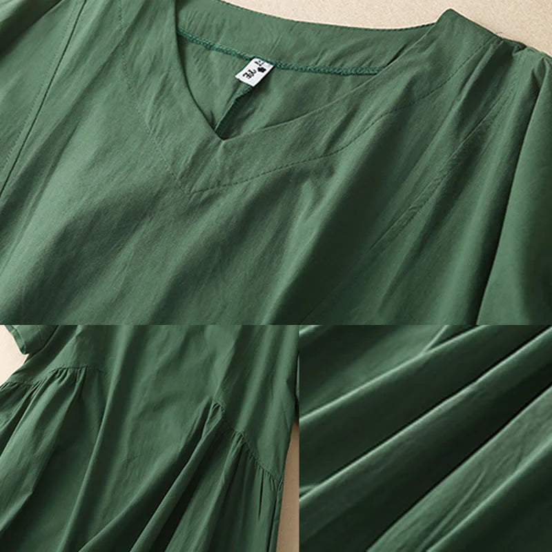 Buddha Stones Casual Pure Color Design Short Sleeve V-Neck Cotton Midi Dress With Pockets