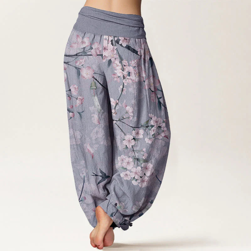 Buddha Stones Cotton Peach Blossoms Flying Geese Pattern Women's Elastic Waist Harem Pants