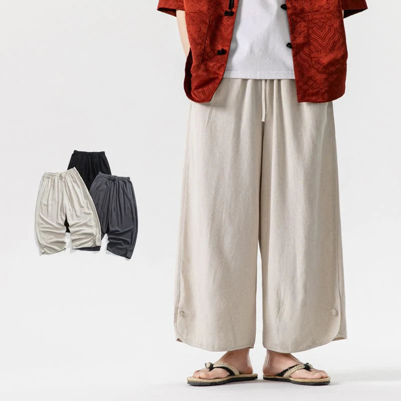 Buddha Stones Summer Plain Drawstring Design Linen Cotton Men's 7-8 Length Pants With Pockets