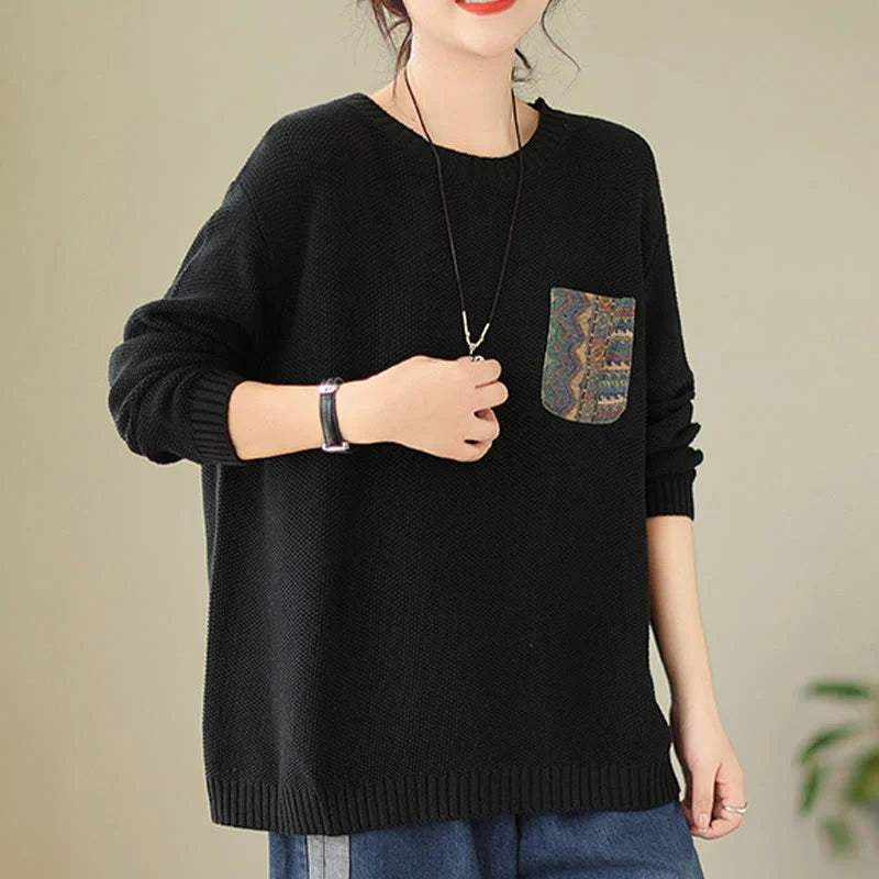 Buddha Stones Fall Floral Decorative Pocket Pattern Knitted Cotton Women's Long Sleeve Sweater