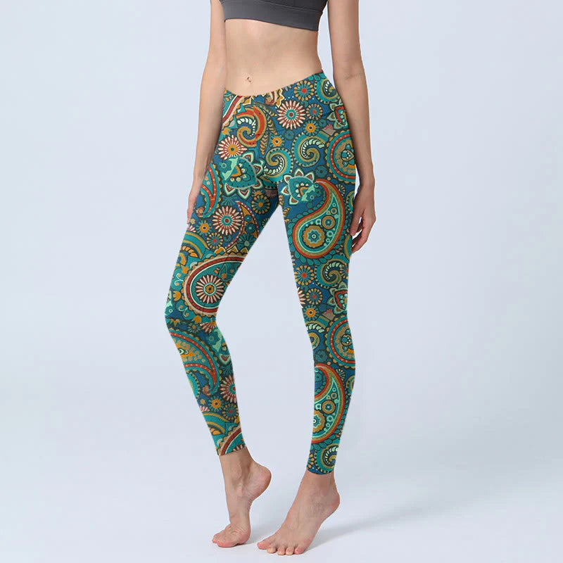 Buddha Stones Retro Paisley Pattern Print Gym Leggings Women's Yoga Pants