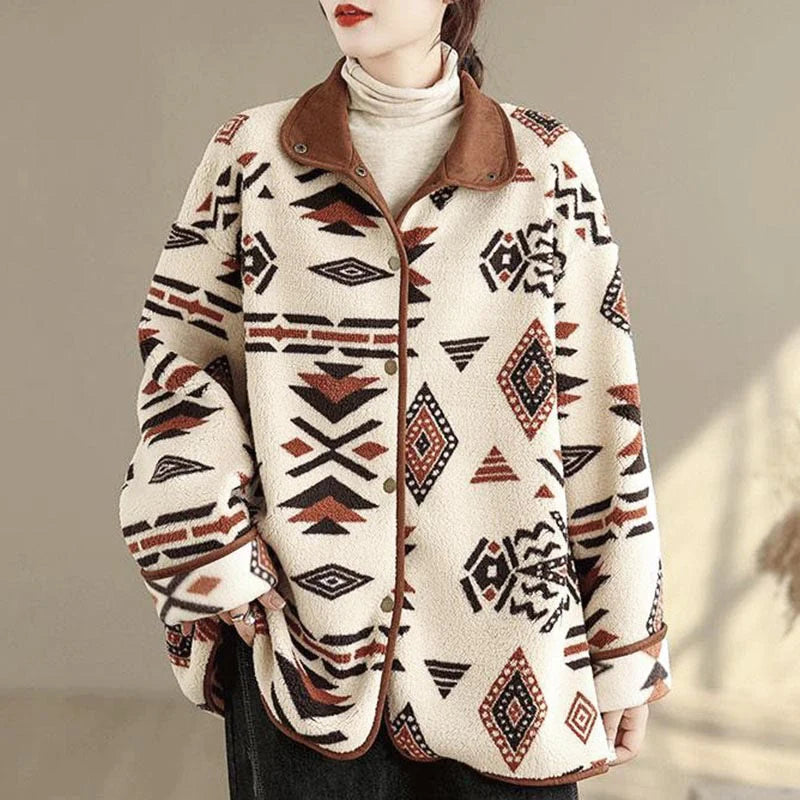 Buddha Stones Fall Winter Buttons Geometric Patterns Long Sleeve Cotton Women's Jacket