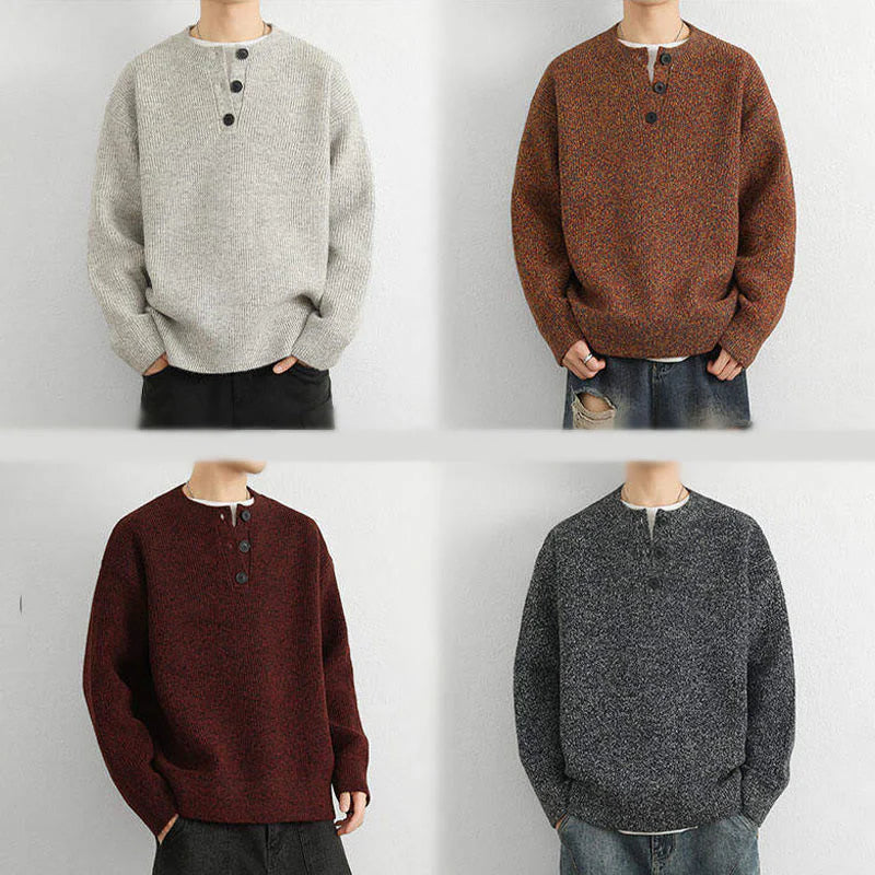 Buddha Stones Winter V-Neck Buttons Ribbed Design Warm Men's Long Sleeve Knitted Sweater