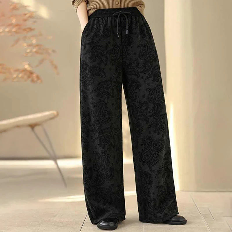 Buddha Stones Jacquard Paisley Pattern Women's Wide Leg Thermal Fleece-Lined Cotton Pants With Pockets