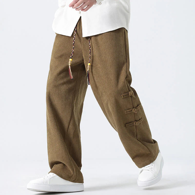 Buddha Stones Fall Solid Frog-Button Men's Drawstring Corduroy Straight Leg Pants With Pockets