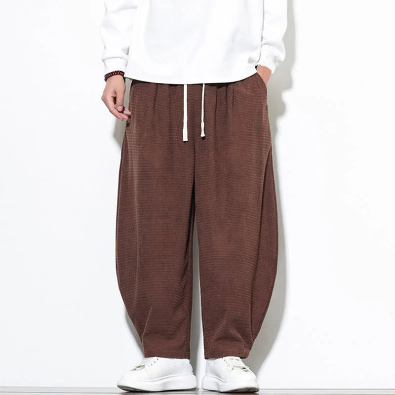 Buddha Stones Men's Plain Pure Cotton Corduroy Ankle-Length Harem Pants With Pockets