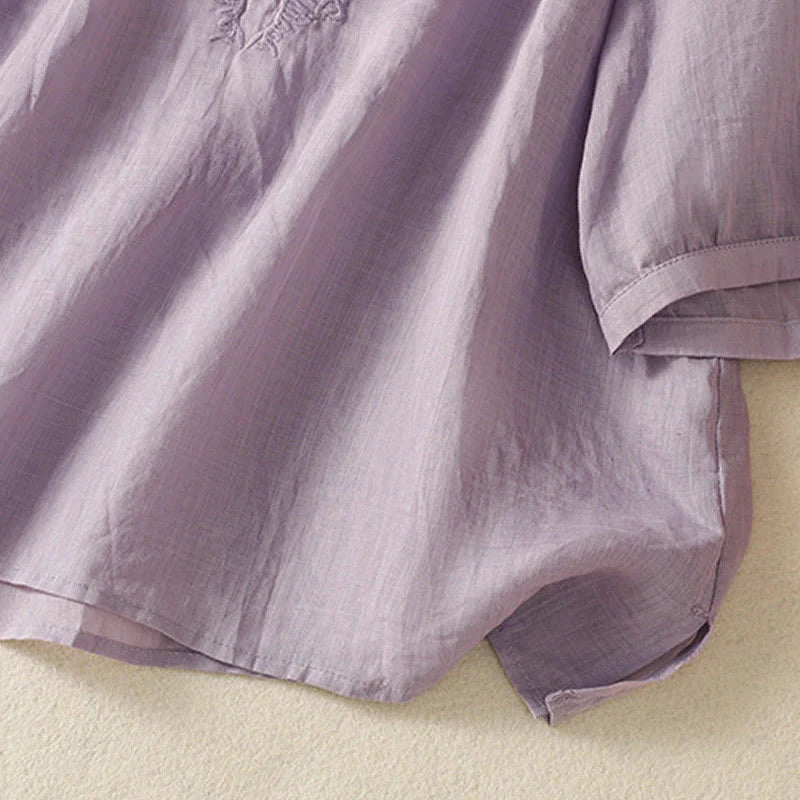 Buddha Stones Summer Embroidery Flower Lace-up Design Notched Collar Women's Short Sleeve Shirt