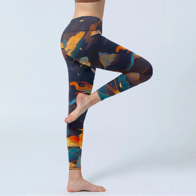 Buddha Stones Gorgeous Phoenix Cloud Mountain Pattern Print Gym Leggings Women's Yoga Pants