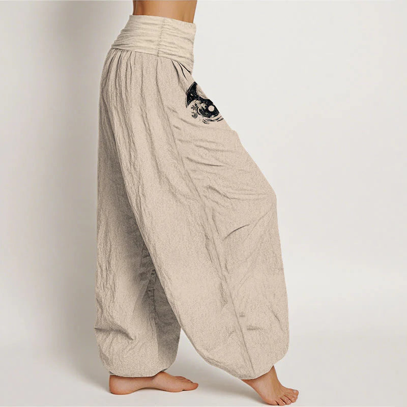 Buddha Stones Dragon Yin Yang Waves Flower Pattern Pure Cotton Women's Elastic Waist Harem Pants
