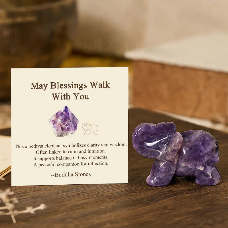 Buddha Stones ''May Blessings Walk With You'' Natural Small Elephant Amazonite Amethyst Jade Black Obsidian Stone Decoration Includes Gift Message Card