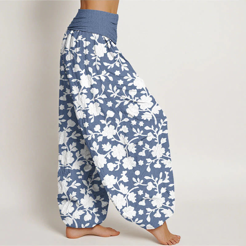Buddha Stones Pure Cotton White Flowers Leaves Stars Pattern Women's Elastic Waist Harem Pants
