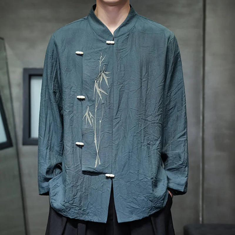 Buddha Stones Fall Solid Color Bamboo Leaf Embroidery Men's Long Sleeve Cotton Linen Shirt