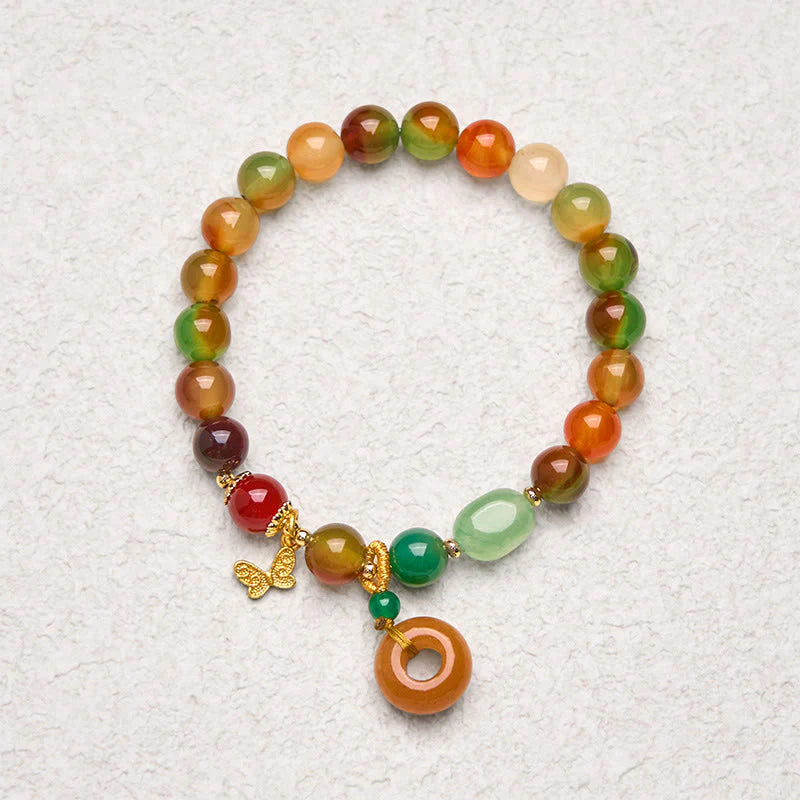 Buddha Stones Natural Colorful Peacock Agate Butterfly Peace Buckle Lily Of The Valley Support Bracelet