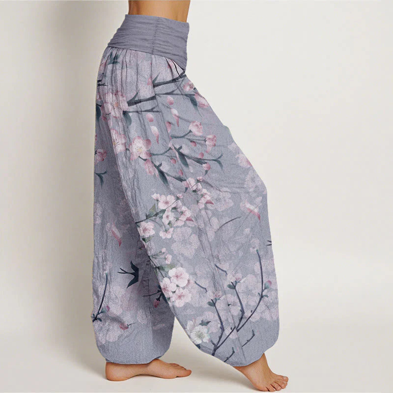 Buddha Stones Cotton Peach Blossoms Flying Geese Pattern Women's Elastic Waist Harem Pants