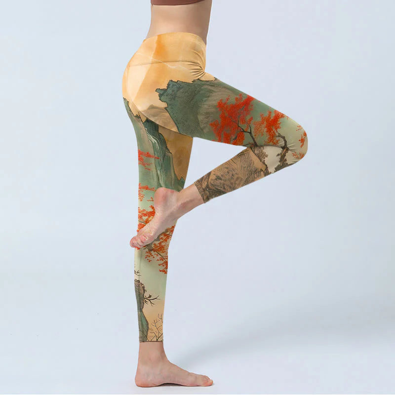 Buddha Stones Mountains Trees Rising Sun Pattern Print Gym Leggings Women's Yoga Pants